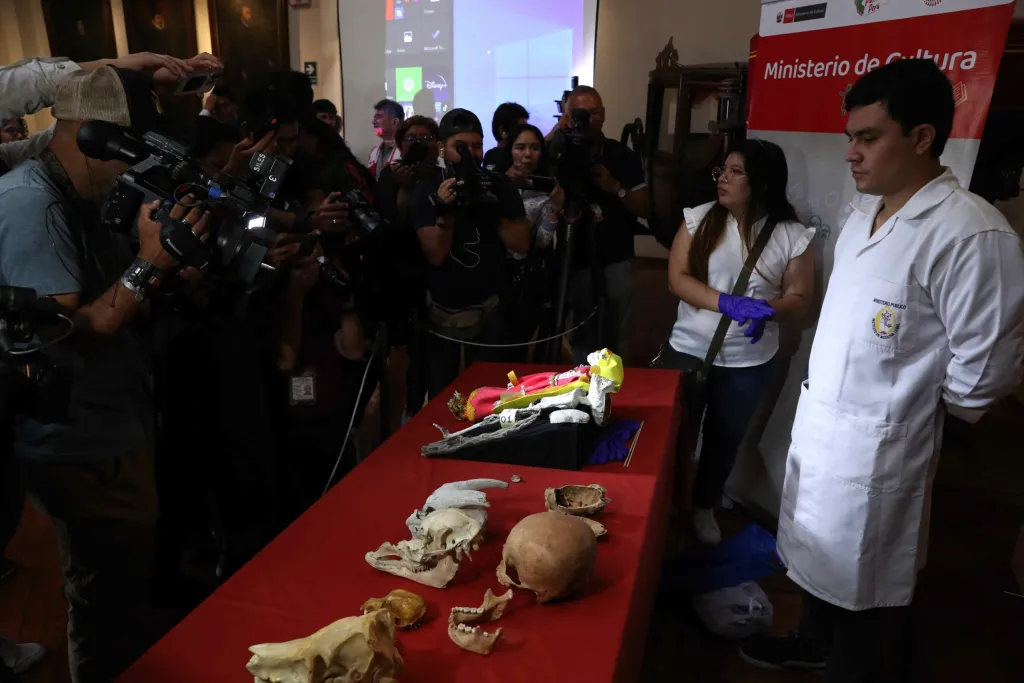 Profesionales del Instituto de Medicina Legal y Ciencias Forenses participan en la presentación de los resultados del peritaje realizado a dos piezas con apariencia de momias pequeñas que fueron incautadas en octubre en el aeropuerto de Lima y que iban a ser enviadas a México. Foto de EFE
